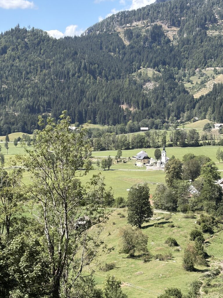 Blick über das grüne Logartal und die umliegenden Berge in Slowenien